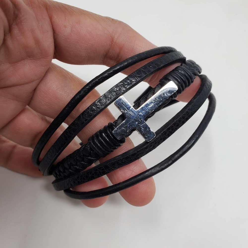 Mutistrand Women Braided Leather Snap Closure Cuff Bangle Cross Bracelet